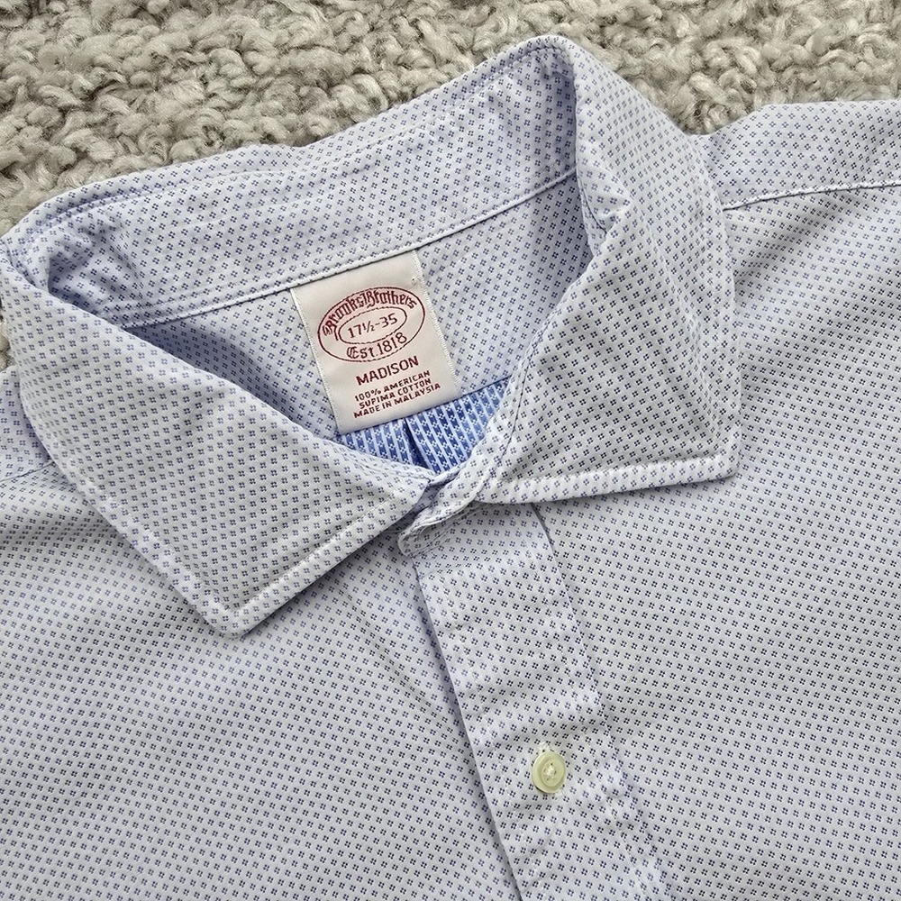 Brooks Brothers Dress Shirt Mens 17.5 35 Blue Madison Supima‎ Cotton Geometric